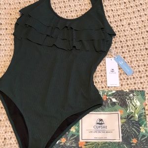 DARK GREEN RUFFLE ONE-PIECE SWIMSUIT